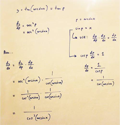 How do you find the derivative of y=tan(arcsin(x))y=tan(arcsin(x)) ?