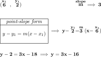 \bf (\stackrel{x_1}{6}~,~\stackrel{y_1}{2})~\hspace{10em} \stackrel{slope}{m}\implies 3 \\\\\\ \begin{array}{|c|ll} \cline{1-1} \textit{point-slope form}\\ \cline{1-1} \\ y-y_1=m(x-x_1) \\\\ \cline{1-1} \end{array}\implies y-\stackrel{y_1}{2}=\stackrel{m}{3}(x-\stackrel{x_1}{6}) \\\\\\ y-2=3x-18\implies y=3x-16