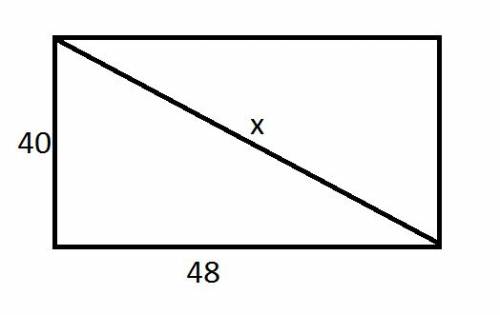 What is the diagonal of a rectangle with length 48 inches and width 40 inches?