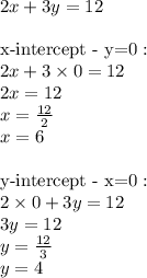 2x+3y=12 \\ \\&#10;\hbox{x-intercept - y=0}: \\&#10;2x+3 \times 0=12 \\&#10;2x=12 \\&#10;x=\frac{12}{2} \\&#10;x=6 \\ \\&#10;\hbox{y-intercept - x=0} : \\&#10;2 \times 0 +3y=12 \\&#10;3y=12 \\&#10;y=\frac{12}{3} \\&#10;y=4