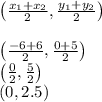 \left(\frac{x_1+x_2}{2},\frac{y_1+y_2}{2}\right)\\\\&#10;\left(\frac{-6+6}{2},\frac{0+5}{2}\right)\\&#10;\left(\frac{0}{2},\frac{5}{2}\right)\\&#10;\left(0,2.5\right)\\&#10;