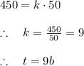 450=k\cdot 50\\ \\ \therefore \quad k=\frac { 450 }{ 50 } =9\\ \\ \therefore \quad t=9b