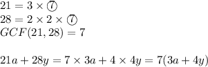 21=3 \times \textcircled{7} \\&#10;28=2 \times 2 \times \textcircled{7} \\&#10;GCF(21,28)=7 \\ \\&#10;21a+28y=7 \times 3a+4 \times 4y=7(3a+4y)