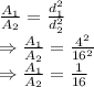 \frac{A_1}{A_2}=\frac{d_1^2}{d_2^2}\\\Rightarrow \frac{A_1}{A_2}=\frac{4^2}{16^2}\\\Rightarrow \frac{A_1}{A_2}=\frac{1}{16}