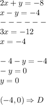 2x+y=-8\\&#10;x-y=-4\\&#10;------\\&#10;3x=-12\\&#10;x=-4\\\\&#10;-4-y=-4\\&#10;-y=0\\&#10;y=0\\\\&#10;(-4,0) \Rightarrow D