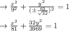 \rightarrow \frac{x^2}{9^2}+\frac{y^2}{(\pm \frac{63}{\sqrt{32}})^2}=1\\\\\rightarrow \frac{x^2}{81}+\frac{32y^2}{3969}=1