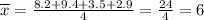 \overline{x}=\frac{8.2+9.4+3.5+2.9}4=\frac{24}4=6