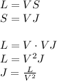 L=VS\\&#10;S=VJ\\\\&#10;L=V\cdot VJ\\&#10;L=V^2J\\&#10;J=\frac{L}{V^2}