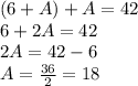 (6+A)+A=42\\6+2A=42\\2A=42-6\\A=\frac{36}{2}=18