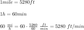 1mile=5280ft\\\\1h=60min\\\\60\ \frac{mi}{h}=60\cdot\frac{5280}{60}\ \frac{ft}{min}=5280\ ft/min