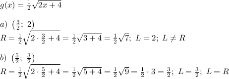 g(x)=\frac{1}{2}\sqrt{2x+4}\\\\a)\ \left(\frac{3}{2};\ 2\right)\\R=\frac{1}{2}\sqrt{2\cdot\frac{3}{2}+4}=\frac{1}{2}\sqrt{3+4}=\frac{1}{2}\sqrt7;\ L=2;\ L\neq R\\\\b)\ \left(\frac{5}{2};\ \frac{3}{2}\right)\\R=\frac{1}{2}\sqrt{2\cdot\frac{5}{2}+4}=\frac{1}{2}\sqrt{5+4}=\frac{1}{2}\sqrt9=\frac{1}{2}\cdot3=\frac{3}{2};\ L=\frac{3}{2};\ L=R