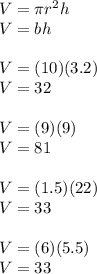 V=\pi r^2h\\V=bh\\\\V=(10)(3.2)\\V=32\\\\V=(9)(9)\\V=81\\\\V=(1.5)(22)\\V=33\\\\V=(6)(5.5)\\V=33