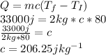 Q=mc(T_{f}-T_{I})  \\ 33000j=2kg*c*80 \\\frac{33000j}{2kg*80} =c \\ c=206.25jkg^{-1}