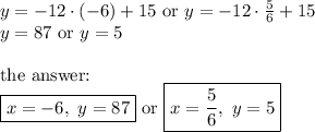 y=-12 \cdot (-6)+15 \ \hbox{or} \ y=-12 \cdot \frac{5}{6}+15 \\y=87 \ \hbox{or} \ y=5 \\ \\ \hbox{the } \\ \boxed{x=-6, \ y=87} \ \hbox{or} \ \boxed{x=\frac{5}{6}, \ y=5}