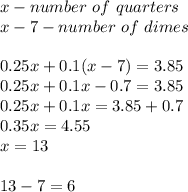 x-number\ of\ quarters\\x-7-number\ of\ dimes\\\\0.25x+0.1(x-7)=3.85\\0.25x+0.1x-0.7=3.85\\0.25x+0.1x=3.85+0.7\\0.35x=4.55\\x=13\\\\13-7=6