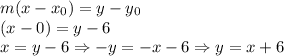 m(x-x_{0})=y-y_{0}\\(x-0)=y-6\\x=y-6\Rightarrow -y=-x-6\Rightarrow y=x+6