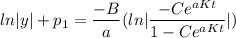 ln|y|+p_{1} =\dfrac{-B}{a}(ln|\dfrac{ -Ce^{aKt}}{ 1-Ce^{aKt}}|)