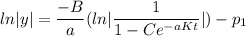 ln|y|=\dfrac{-B}{a}(ln|\dfrac{ 1}{ 1-Ce^{-aKt}}|)-p_{1}