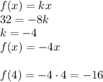f(x)=kx\\&#10;32=-8k\\&#10;k=-4\\&#10;f(x)=-4x\\\\&#10;f(4)=-4\cdot4=-16