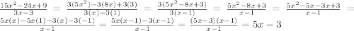 \frac{15x^{2} - 24x + 9}{3x - 3} = \frac{3(5x^{2}) - 3(8x) + 3(3)}{3(x) - 3(1)} = \frac{3(5x^{2} - 8x + 3)}{3(x - 1)} = \frac{5x^{2} - 8x + 3}{x - 1} = \frac{5x^{2} - 5x - 3x + 3}{x - 1} = \frac{5x(x) - 5x(1) - 3(x) - 3(-1)}{x - 1} = \frac{5x(x - 1) - 3(x - 1)}{x - 1} = \frac{(5x - 3)(x - 1)}{x - 1} = 5x - 3
