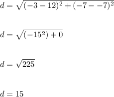 d=\sqrt{(-3-12)^2+(-7--7)^2} \\\\\\d=\sqrt{(-15^2)+0} \\\\\\d=\sqrt{225} \\\\\\d=15