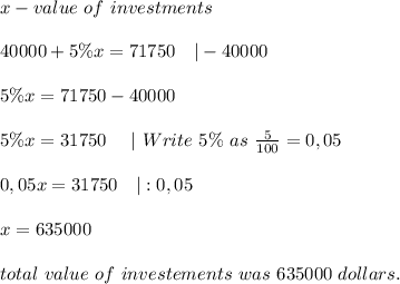 x-value\ of\ investments\\\\&#10;40000+5\%x=71750\ \ \ |-40000\\\\&#10;5\%x=71750-40000\\\\&#10;5\%x=31750\ \ \ \ |\ Write\ 5\%\ as\ \frac{5}{100}=0,05\\\\&#10;0,05x=31750\ \ \ |:0,05\\\\&#10;x=635000\\\\total\ value\ of\ investements\ was\ 635000\ dollars.