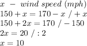 x\ -\ wind\ speed\ (mph)\\150+x=170-x\ /+x\\150+2x=170\ /-150\\2x=20\ /:2\\x=10
