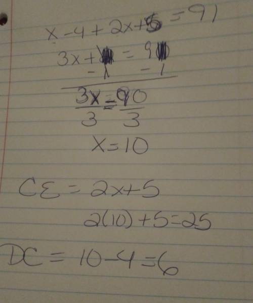Point c is between d and e and de = 91 what is dc?