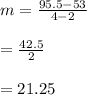 m=\frac{95.5-53}{4-2} \\ \\=\frac{42.5}{2} \\ \\=21.25