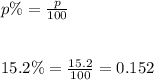 p\%=\frac{p}{100}\\\\\\15.2\%=\frac{15.2}{100}=0.152