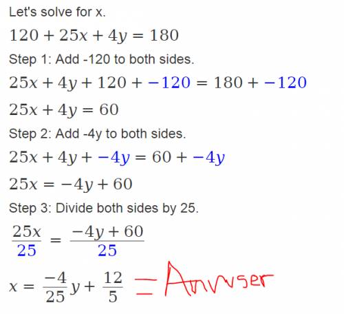 How do you solve the problem:  120+25x+4y=180  explain