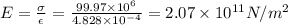 E=\frac{\sigma }{\epsilon }=\frac{99.97\times 10^{6}}{4.828\times 10^{-4}}=2.07\times 10^{11}N/m^{2}