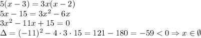 5(x-3)=3x(x-2)\\&#10;5x-15=3x^2-6x\\&#10;3x^2-11x+15=0\\&#10;\Delta=(-11)^2-4\cdot3\cdot15=121-180=-59