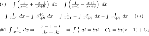 (*)=\int\left(\frac{1}{x-1}+\frac{-x-1}{x^2+9}\right)\ dx=\int\left(\frac{1}{x-1}-\frac{x+1}{x^2+9}\right)\ dx\\\\=\int\frac{1}{x-1}\ dx-\int\frac{x+1}{x^2+9}\ dx=\int\frac{1}{x-1}-\int\frac{x}{x^2+9}\ dx-\int\frac{1}{x^2+9}\ dx=(**)\\\\\#1\ \int\frac{1}{x-1}\ dx\Rightarrow\left|\begin{array}{ccc}x-1=t\\dx=dt\end{array}\right|\Rightarrow\int\frac{1}{t}\ dt=lnt+C_1=ln(x-1)+C_1