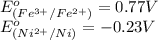 E^o_{(Fe^{3+}/Fe^{2+})}=0.77V\\E^o_{(Ni^{2+}/Ni)}=-0.23V