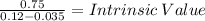 \frac{0.75}{0.12-0.035} = Intrinsic \: Value