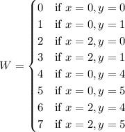 W=\begin{cases}0&\text{if }x=0,y=0\\1&\text{if }x=0,y=1\\2&\text{if }x=2,y=0\\3&\text{if }x=2,y=1\\4&\text{if }x=0,y=4\\5&\text{if }x=0,y=5\\6&\text{if }x=2,y=4\\7&\text{if }x=2,y=5\end{cases}