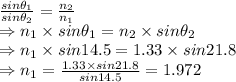 \frac{sin\theta_1}{sin\theta_2}=\frac{n_2}{n_1}\\\Rightarrow n_1\times sin\theta_1=n_2\times sin\theta_2\\\Rightarrow n_1\times sin14.5=1.33\times sin 21.8\\\Rightarrow n_1=\frac{1.33\times sin 21.8}{sin14.5}=1.972