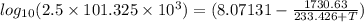 log_{10} (2.5 \times 101.325 \times 10^{3}) = (8.07131 - \frac{1730.63}{233.426 + T})