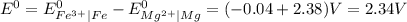 E^{0}=E_{Fe^{3+}\mid Fe}^{0}-E_{Mg^{2+}\mid Mg}^{0}=(-0.04+2.38)V=2.34V