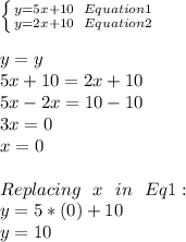 \left \{ {{y=5x+10}  \,\,\,\,Equation1 \atop {y=2x+10\,\,\,\,Equation2}} \right.  \\  \\ y=y \\ 5x+10=2x+10 \\ 5x-2x=10-10 \\ 3x=0 \\ x=0 \\  \\ Replacing\,\,\,\,x\,\,\,\,in\,\,\,\,Eq1: \\ y=5*(0)+10 \\ y=10