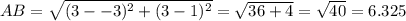 AB=\sqrt{(3--3)^{2}+(3-1)^{2}}=\sqrt{36+4}=\sqrt{40}=6.325