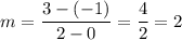 m=\dfrac{3-(-1)}{2-0}=\dfrac{4}{2}=2