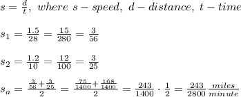 s=\frac{d}{t},\ where\ s-speed,\ d-distance,\ t-time\\\\s_1=\frac{1.5}{28}=\frac{15}{280}=\frac{3}{56}\\\\s_2=\frac{1.2}{10}=\frac{12}{100}=\frac{3}{25}\\\\s_a=\frac{\frac{3}{56}+\frac{3}{25}}{2}=\frac{\frac{75}{1400}+\frac{168}{1400}}{2}=\frac{243}{1400}\cdot\frac{1}{2}=\frac{243}{2800}\frac{miles}{minute}