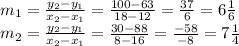 m_{1} = \frac{ y_{2}-  y_{1} }{x_{2}-  x_{1}} = \frac{100-63}{18-12} = \frac{37}{6} =6 \frac{1}{6}  \\ m_{2} = \frac{ y_{2}-  y_{1} }{x_{2}-  x_{1}} = \frac{30-88}{8-16} = \frac{-58}{-8} =7 \frac{1}{4}