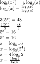 \log_{b}(x^y)=y\log_b(x) \\ \log_a(x)= \frac{\log_b(x)}{\log_b(a)}  \\  \\ 3(5^x)=48 \\ \frac{3(5^x)}{3} =\frac{48}{3}  \\ 5^x=16 \\ 5^x=16\\  x=\log_516 \\ x=\log_5(2^4) \\ x=4\log_52\\ x= \frac{4\log2}{\log5}