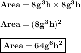 \bf{Area = 8g^3h \times 8g^3h}\\\\\bf{Area = (8g^3h)^2}\\\\\boxed{\bf{Area = 64g^6h^2}}}