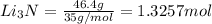 Li_3N=\frac{46.4 g}{35 g/mol}=1.3257 mol