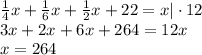 \frac{1}{4}x+\frac{1}{6}x+\frac{1}{2}x+22=x|\cdot12\\&#10;3x+2x+6x+264=12x\\&#10;x=264&#10;&#10;