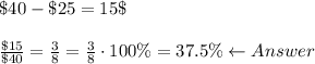 \$40-\$25=15\$\\\\\frac{\$15}{\$40}=\frac{3}{8}=\frac{3}{8}\cdot100\%=37.5\%\leftarrow Answer